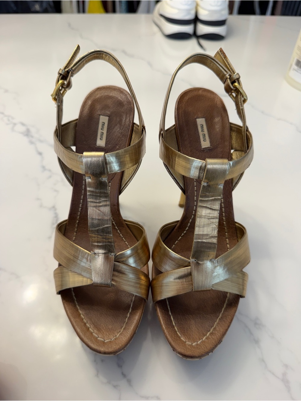 Miu Miu Metallic Gold Leather Strappy High-Heel Sandals